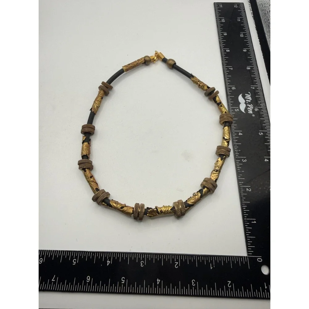 Vintage Gold‎ Tone Leaf Filigree Black Cord Choker Necklace Knurled Bead Accents